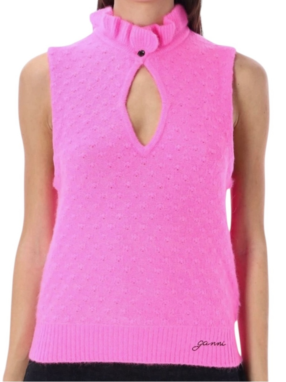 Ganni Alpaca & Merino Pointelle Knit Ruffle Trim Keyhole Neck Sweater Vest